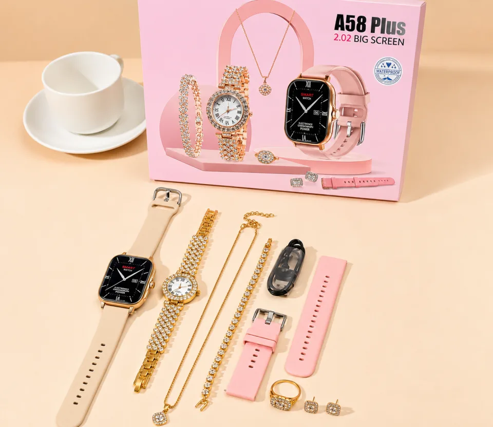 A58 Plus Smart Watch & Luxury Jewelry Gift Set – Beige Edition - image 2