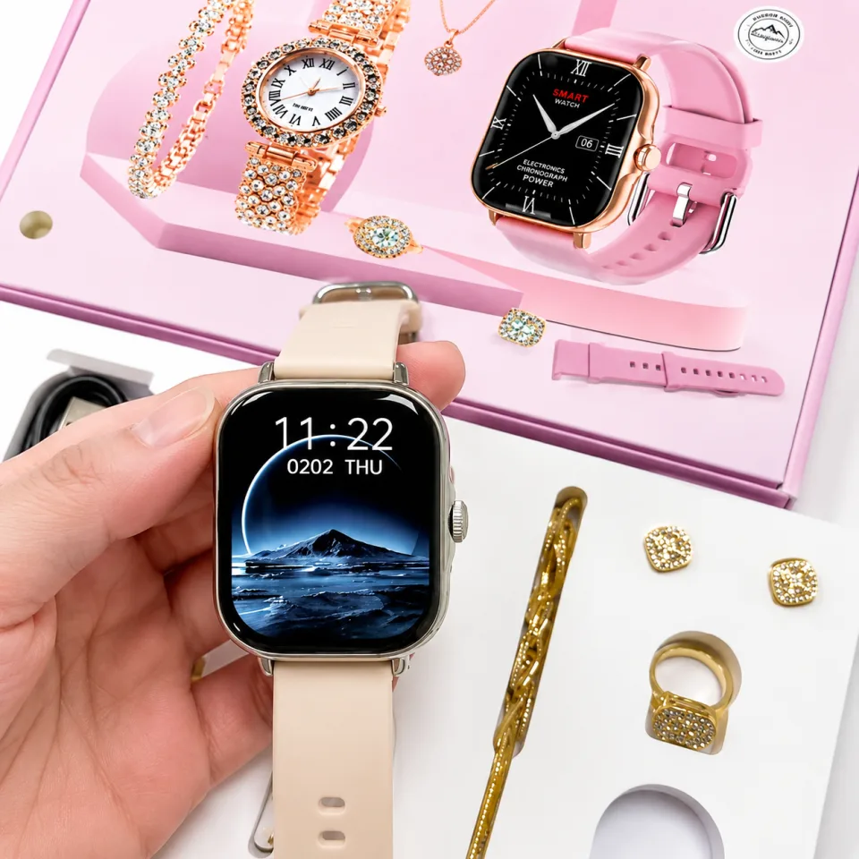 A58 Plus Smart Watch & Luxury Jewelry Gift Set – Beige Edition - image 3