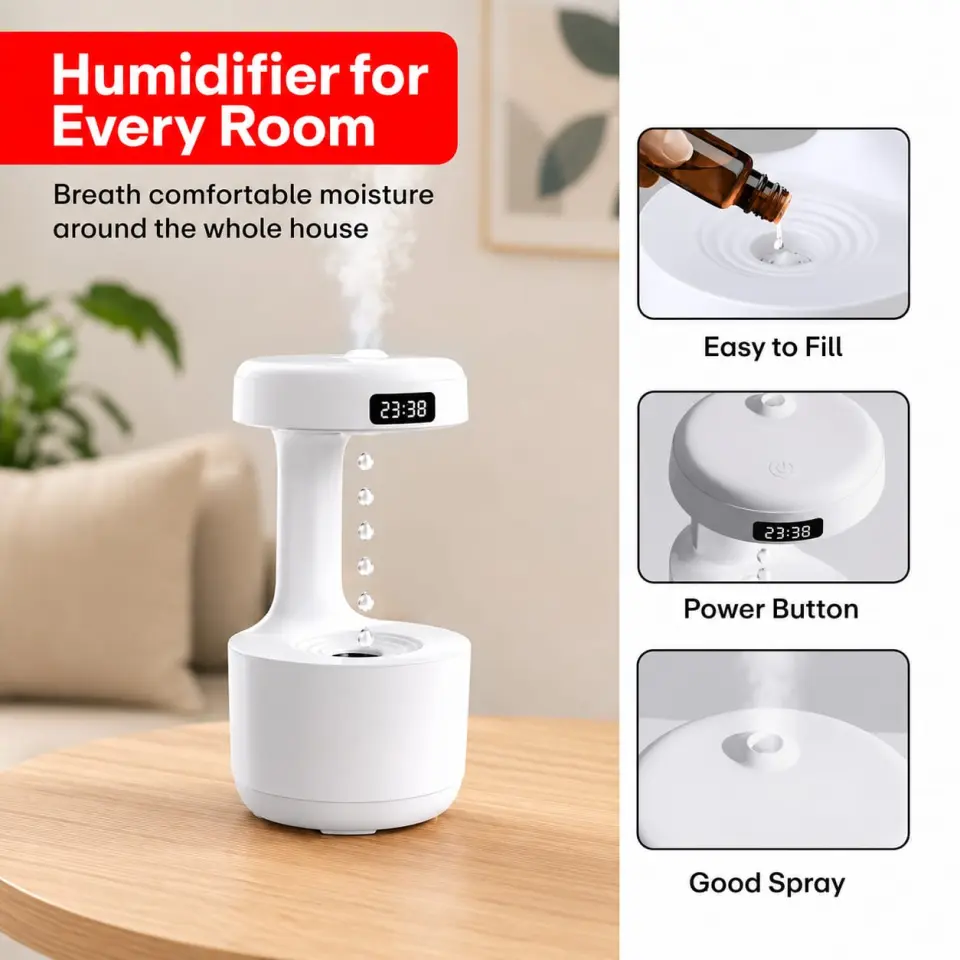 Antigravity Water Drop Humidifier with Digital Clock - image 4