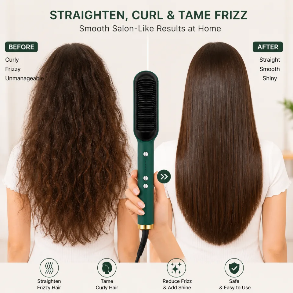 Professional Electric Hair Straightening Comb Brush – 5 Heat Levels (Green) - image 4