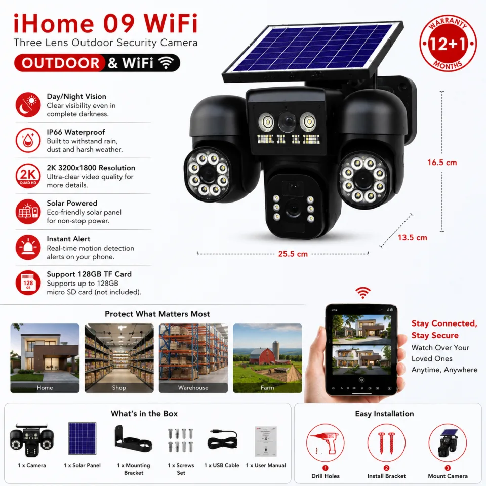 iHome 09 WiFi 3 Lens Solar Outdoor Security Camera – 2K HD | IP66 Waterproof | Motion Detection - image 4