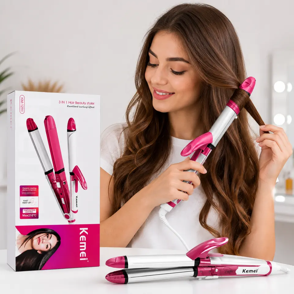 Kemei 3-in-1 Hair Beauty Styler – Straightener, Curler & Volumizer - image 3