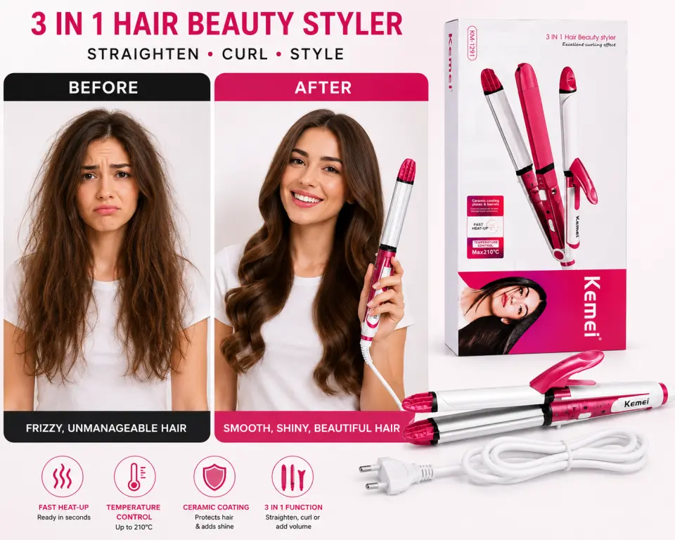 Kemei 3-in-1 Hair Beauty Styler – Straightener, Curler & Volumizer - image 4