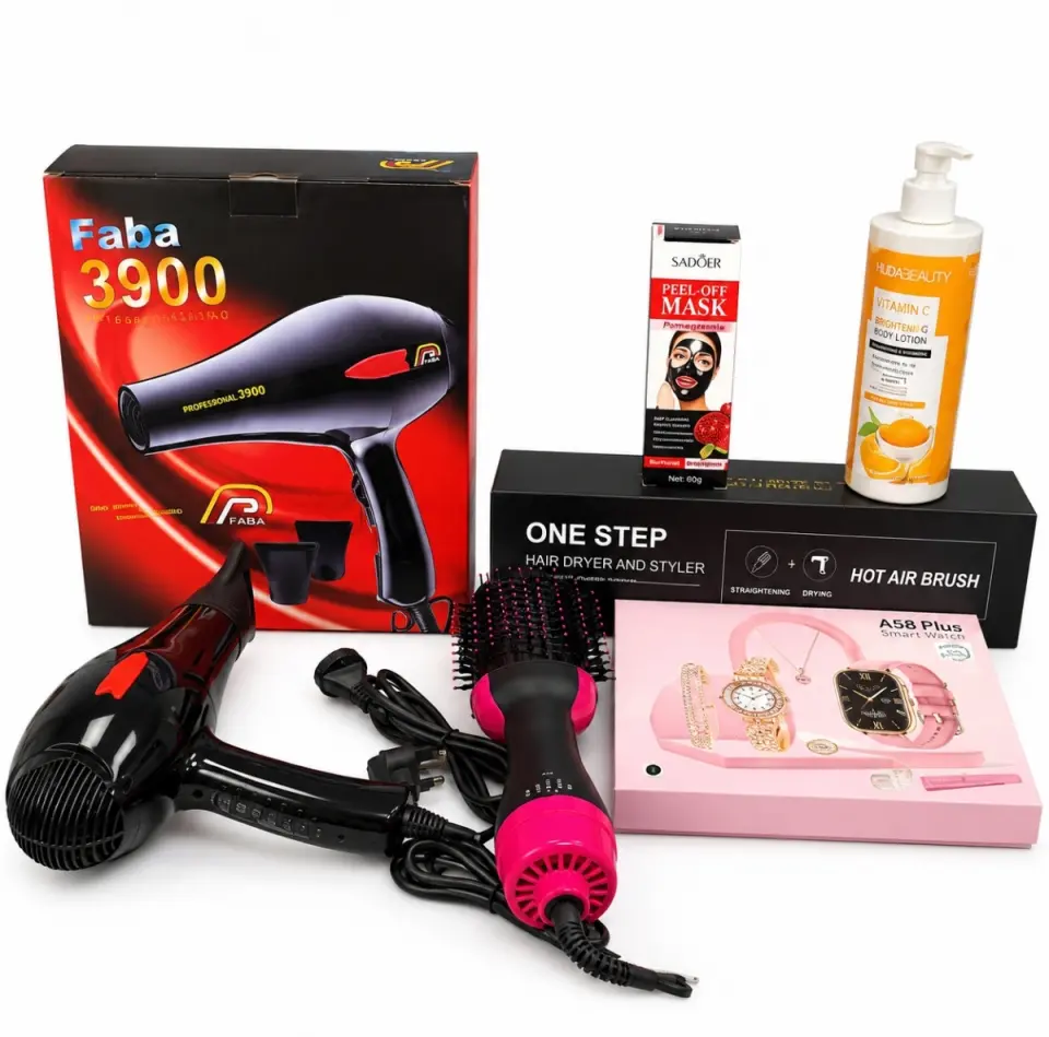 5-in-1 Ladies Beauty Combo – Hair Dryer, Hot Air Brush, A58 Plus Smart Watch, Peel-Off Mask & Vitamin C Body Lotion