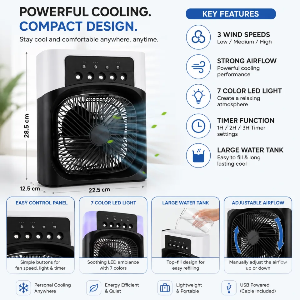 Portable Mini Air Cooler with 3-Speed Fan, LED Light & Timer - image 4